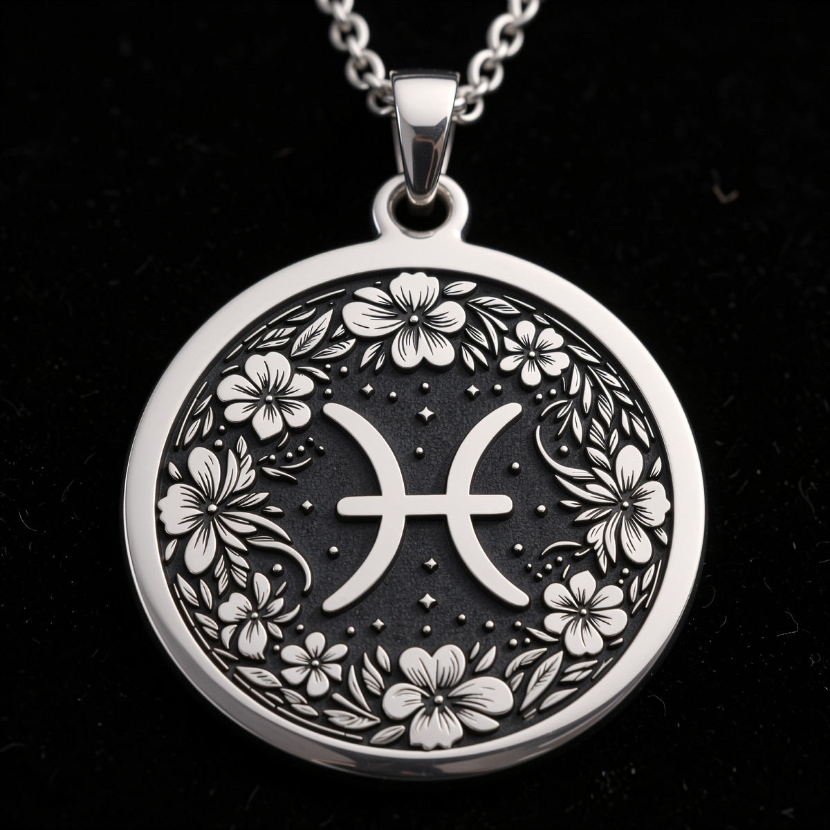 Pisces Zodiac Floral Medallion Necklace - 925 Sterling Silver