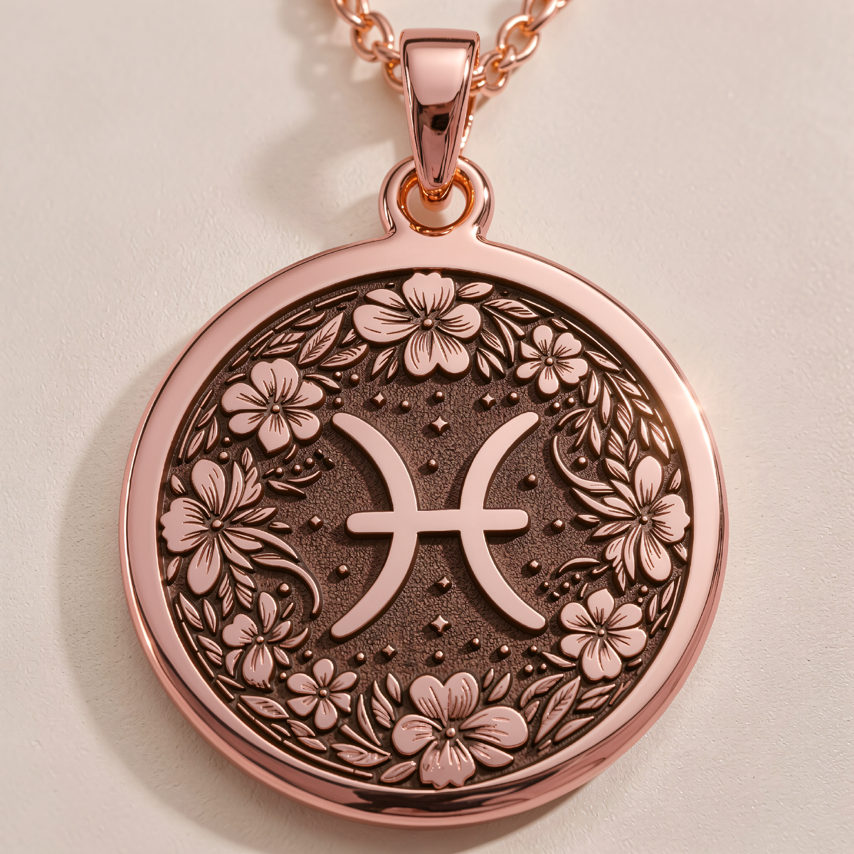 Pisces Zodiac Floral Medallion Necklace in a polished rose gold finish.