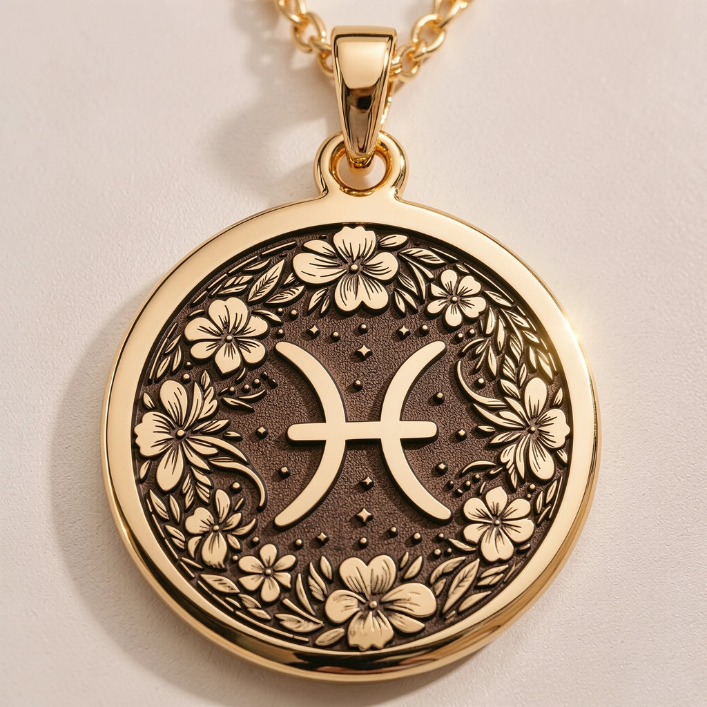 Pisces Zodiac Floral Medallion Necklace - Astrological Sign Birthday Gift - Görsel 1, 14K Gold Pisces
