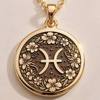 Pisces Zodiac Floral Medallion Necklace - Astrological Sign Birthday Gift - Görsel 1, 14K Gold Pisces