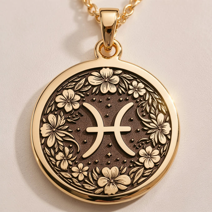 Pisces Zodiac Floral Medallion Necklace - Astrological Sign Birthday Gift - Görsel 1, 14K Gold Pisces