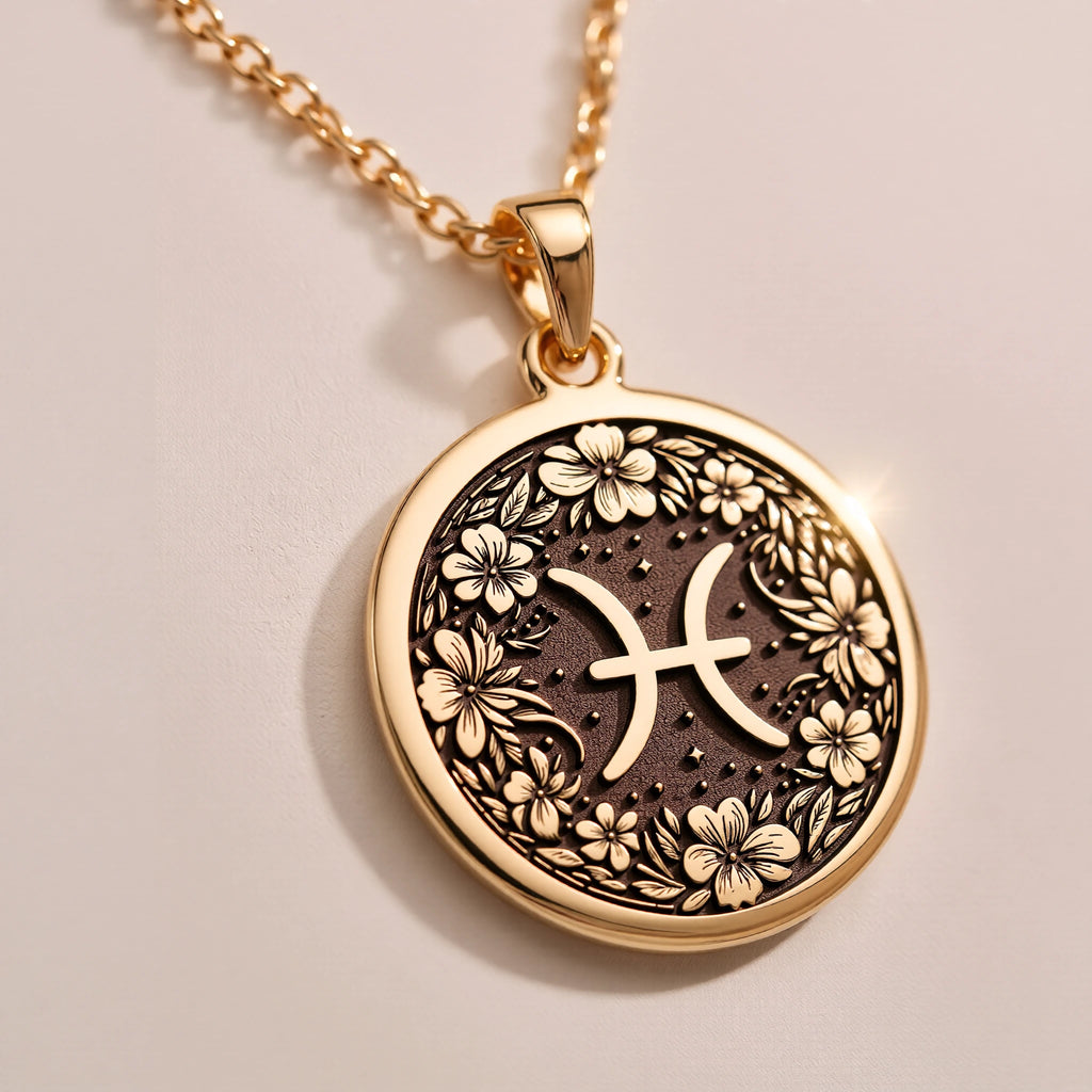 Pisces Zodiac Floral Medallion Necklace - Astrological Sign Birthday Gift - Görsel 2, 14K Gold Pisces