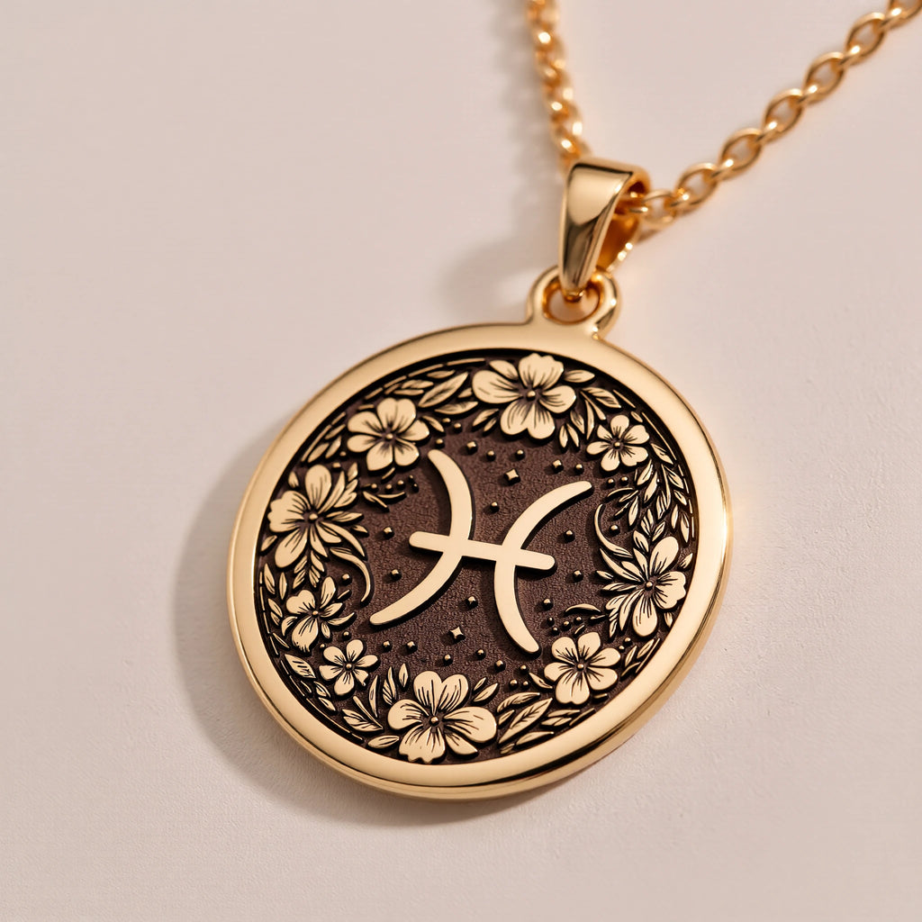Pisces Zodiac Floral Medallion Necklace - Astrological Sign Birthday Gift - Görsel 3, 14K Gold Pisces