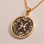 Pisces Zodiac Floral Medallion Necklace - Astrological Sign Birthday Gift - Görsel 3, 14K Gold Pisces