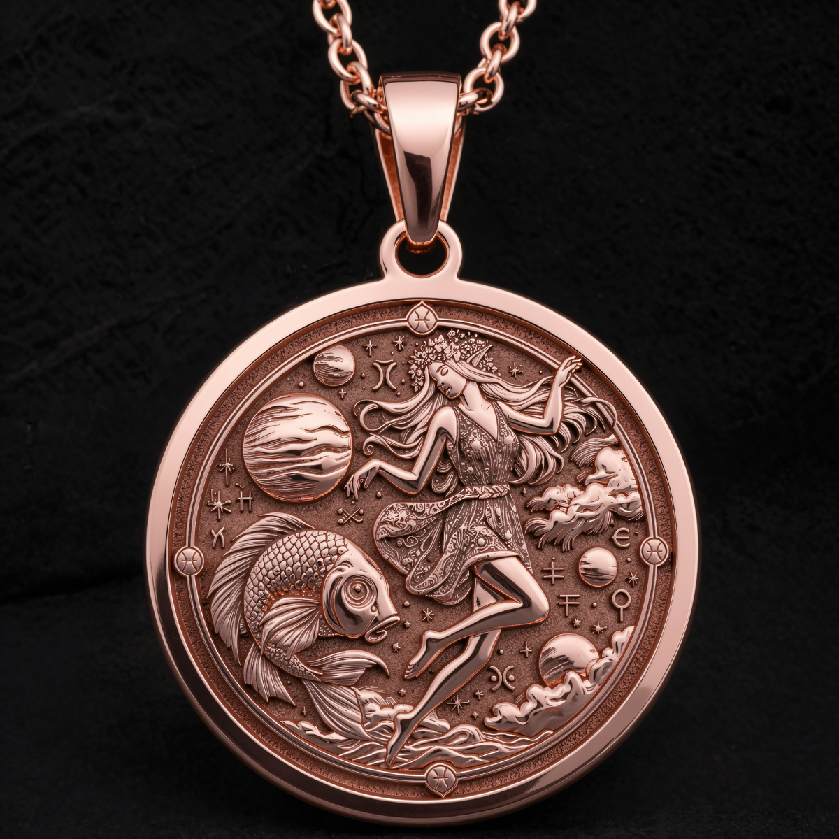 Pisces Zodiac Horoscope Necklace in a polished rose gold finish.