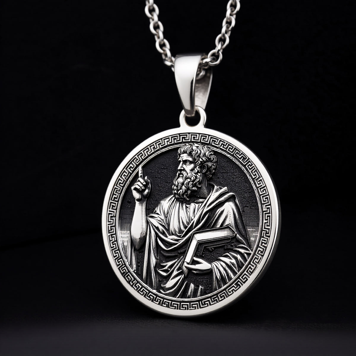 A personalized 925 sterling silver Plato necklace. This gift for him or her symbolizes reason and "The Republic," a cherished keepsake.