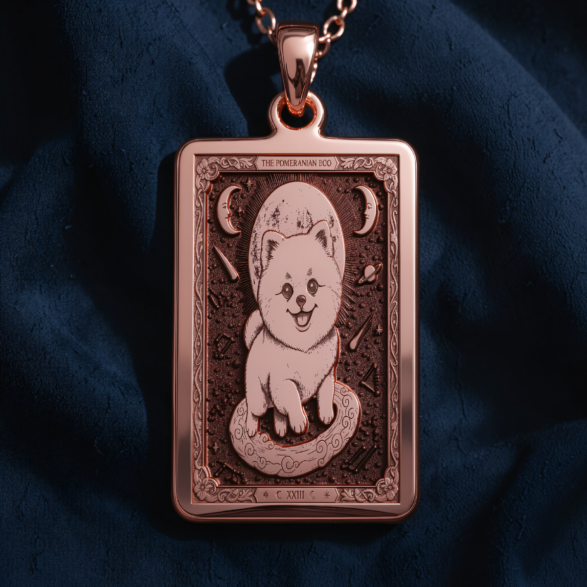 Pomeranian Boo Tarot Dog Mom Charm in a polished rose gold finish.