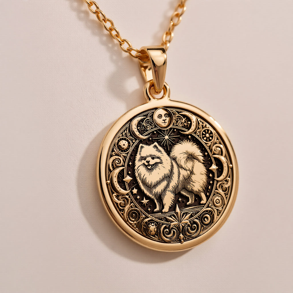 Pomeranian Dog Spirit Animal Medallion - 14K Solid Gold