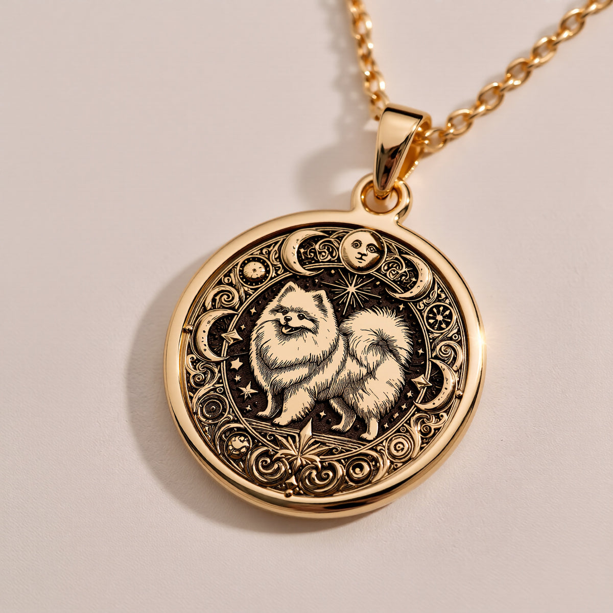 Elegant 14K Solid Gold Pomeranian necklace featuring a fluffy dog with celestial engravings. Ideal gift for dog lovers and pet owners cherishing their loyal furry companion. - View 7