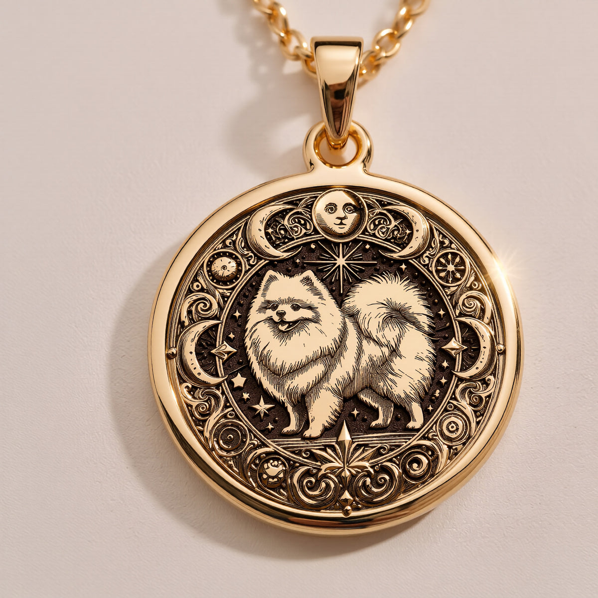 Elegant 14K Solid Gold Pomeranian necklace featuring a fluffy dog with celestial engravings. Ideal gift for dog lovers and pet owners cherishing their loyal furry companion. - View 8