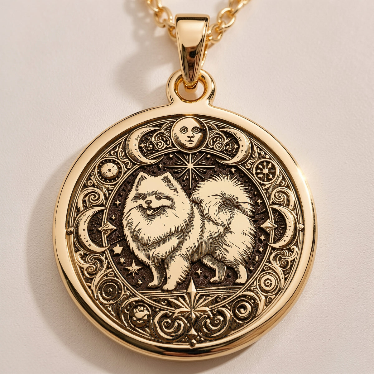 Elegant 14K Solid Gold Pomeranian necklace featuring a fluffy dog with celestial engravings. Ideal gift for dog lovers and pet owners cherishing their loyal furry companion.