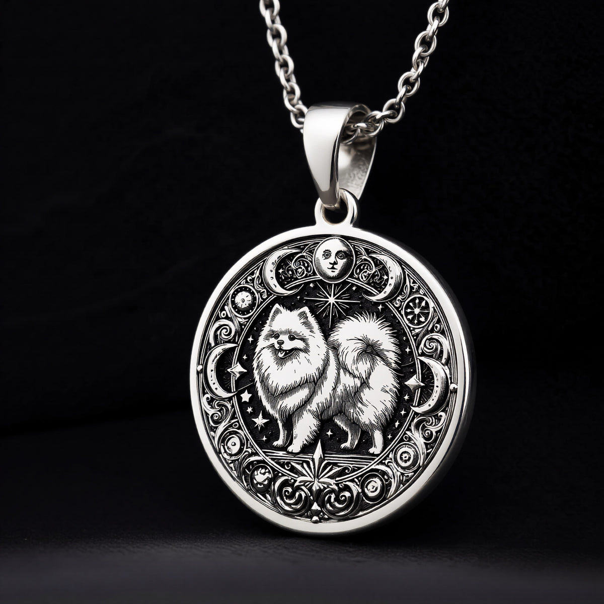 Detailed 925 Sterling Silver Pomeranian medallion showing the bond between pets and the cosmos. Ideal as a spiritual charm, dog memorial, or unique birthday present for dog lovers.