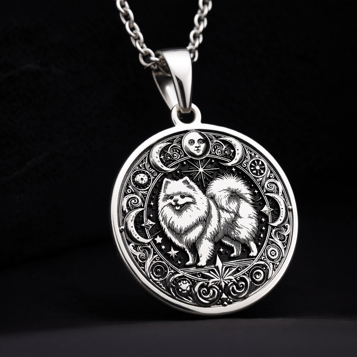 Intricate 925 Sterling Silver necklace with a fluffy Pomeranian and celestial symbols. A wonderful keepsake for pet owners, animal lovers, or those drawn to spiritual animal energy. - View 11