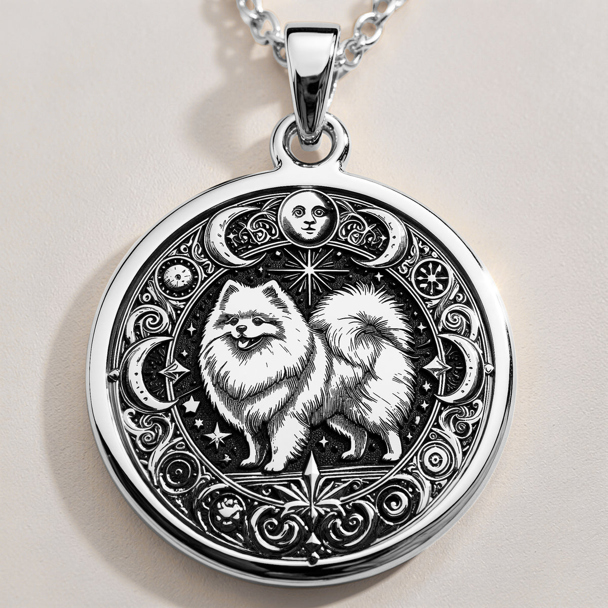 Intricate 925 Sterling Silver necklace with a fluffy Pomeranian and celestial symbols. A wonderful keepsake for pet owners, animal lovers, or those drawn to spiritual animal energy. - View 2