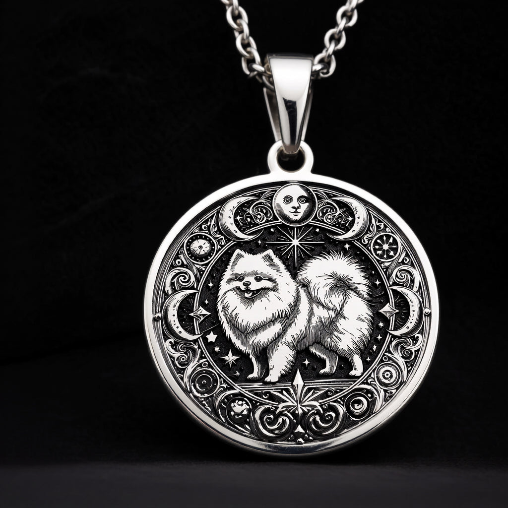 Intricate 925 Sterling Silver necklace with a fluffy Pomeranian and celestial symbols. A wonderful keepsake for pet owners, animal lovers, or those drawn to spiritual animal energy. - View 8
