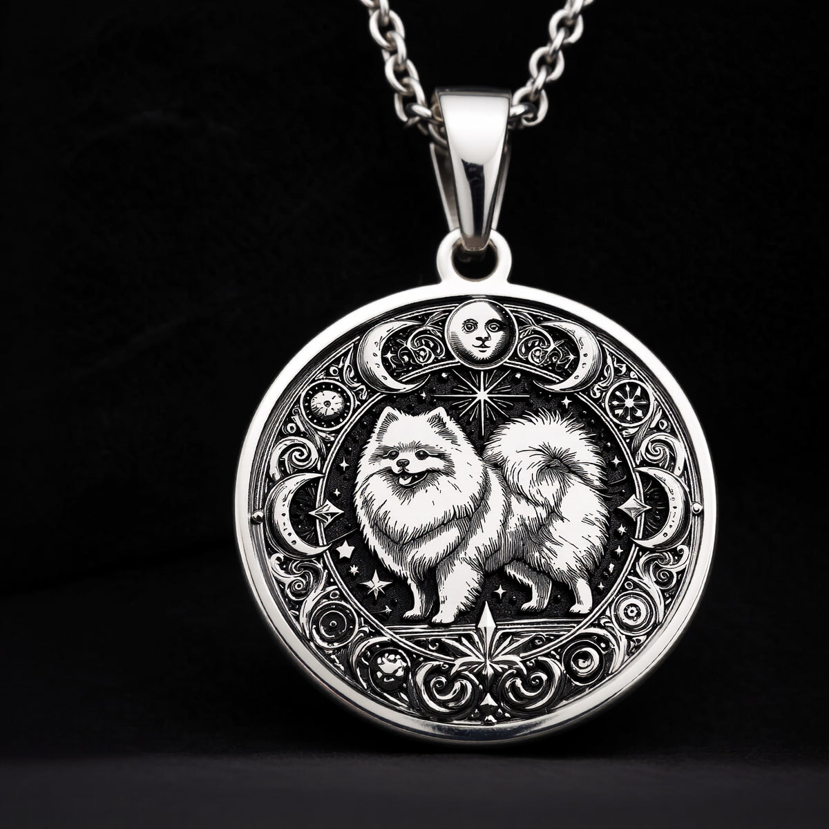 Intricate 925 Sterling Silver necklace with a fluffy Pomeranian and celestial symbols. A wonderful keepsake for pet owners, animal lovers, or those drawn to spiritual animal energy. - View 8