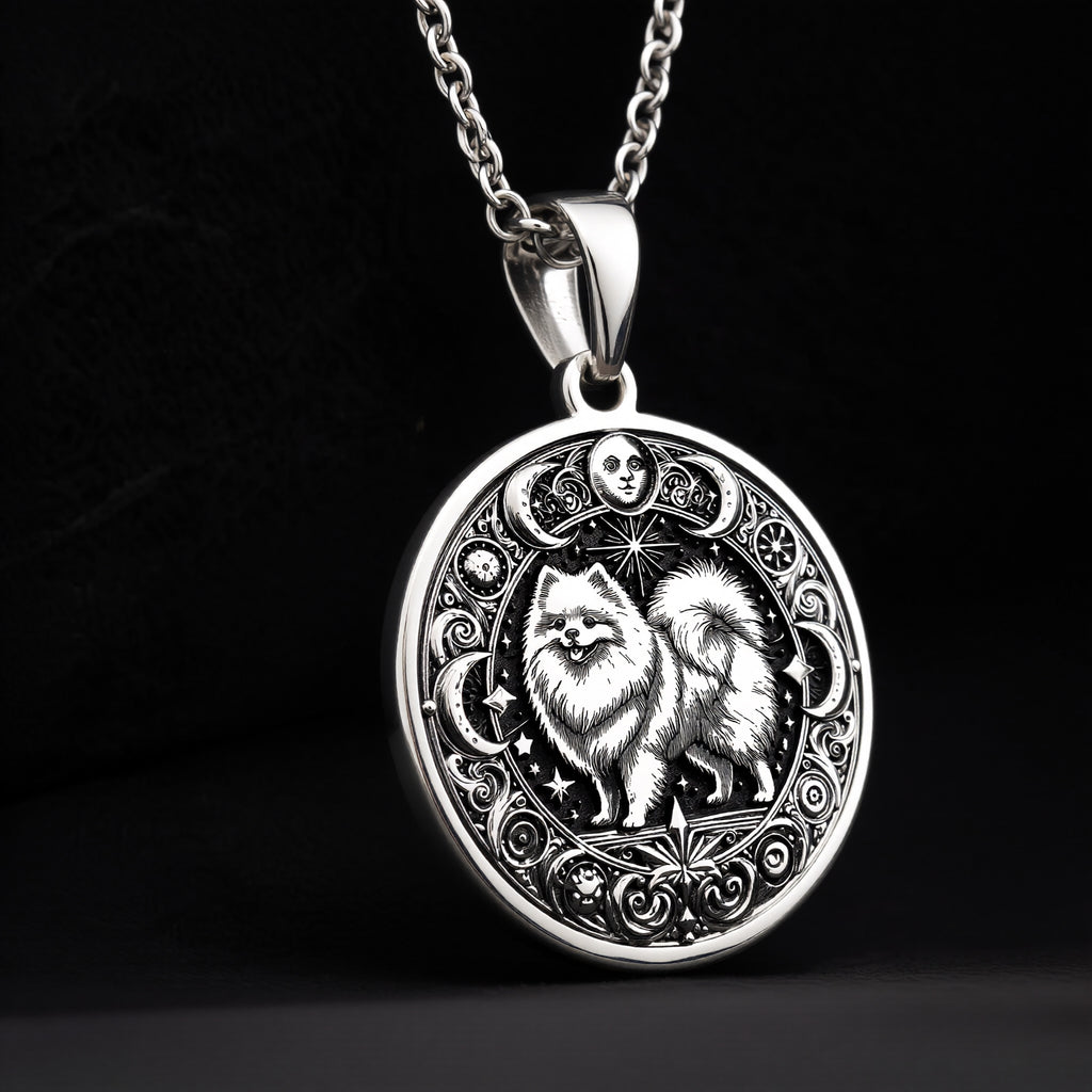 Intricate 925 Sterling Silver necklace with a fluffy Pomeranian and celestial symbols. A wonderful keepsake for pet owners, animal lovers, or those drawn to spiritual animal energy. - View 9