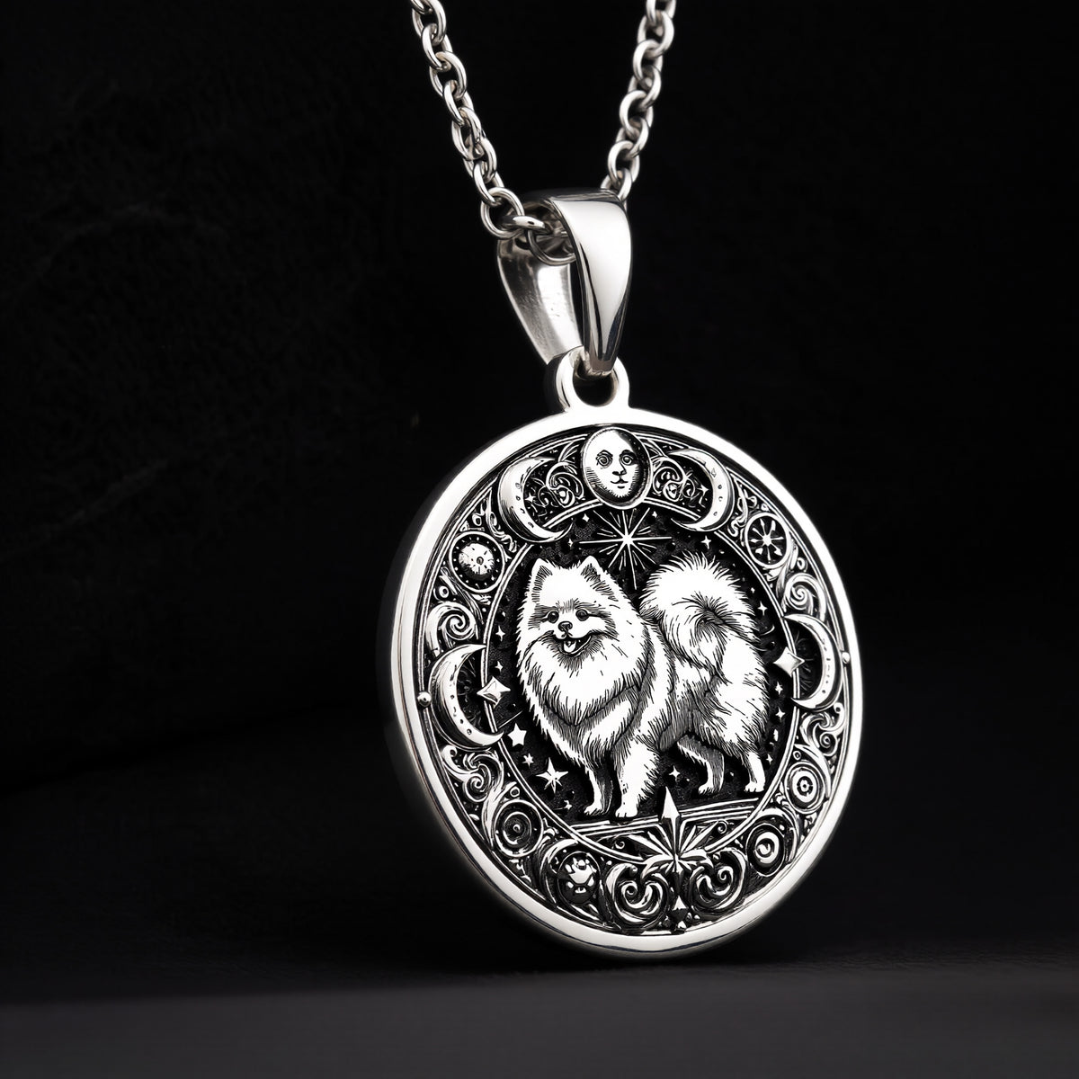 Intricate 925 Sterling Silver necklace with a fluffy Pomeranian and celestial symbols. A wonderful keepsake for pet owners, animal lovers, or those drawn to spiritual animal energy. - View 9