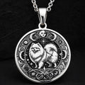 Intricate 925 Sterling Silver necklace with a fluffy Pomeranian and celestial symbols. A wonderful keepsake for pet owners, animal lovers, or those drawn to spiritual animal energy.