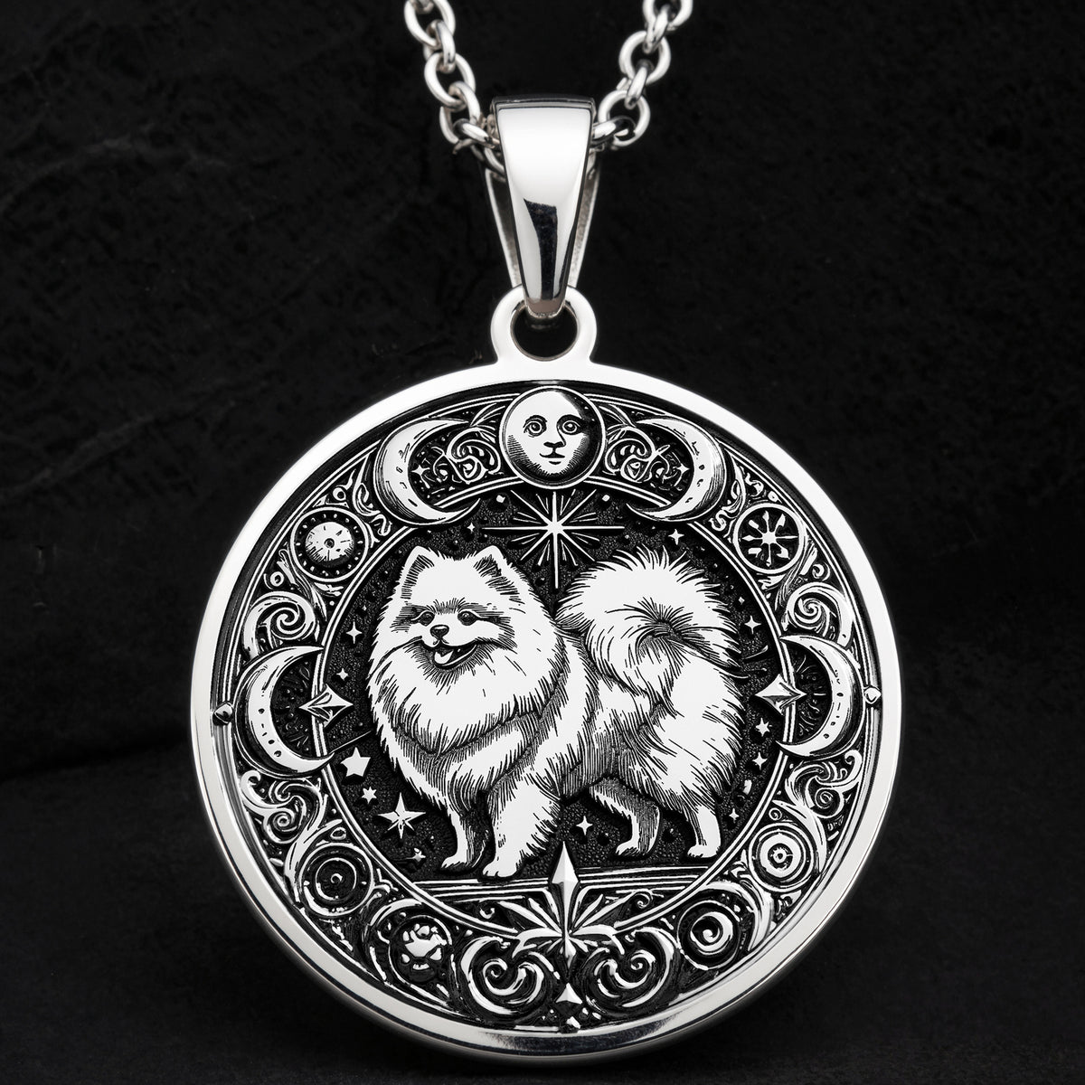 Intricate 925 Sterling Silver necklace with a fluffy Pomeranian and celestial symbols. A wonderful keepsake for pet owners, animal lovers, or those drawn to spiritual animal energy.