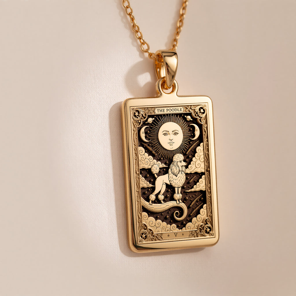 A polished 14K solid gold Poodle medallion. This fine pet jewelry represents the breed's intelligence and pride, making it a perfect Poodle lover gift.