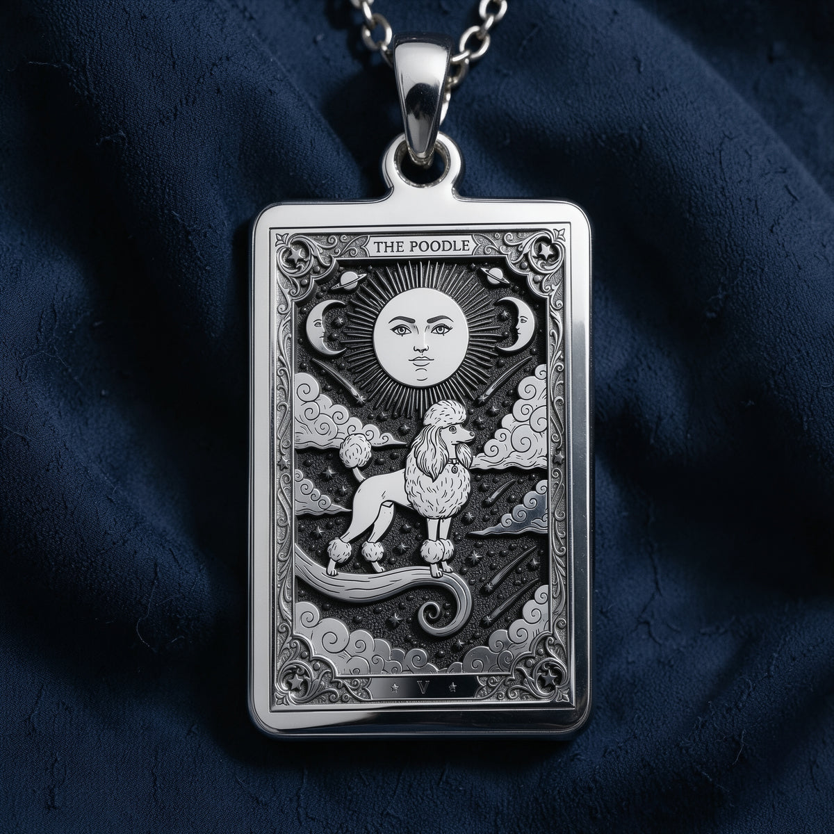 A personalized 925 sterling silver Poodle necklace. This gift celebrates the elegant spirit of the Poodle, a cherished pet memorial keepsake.