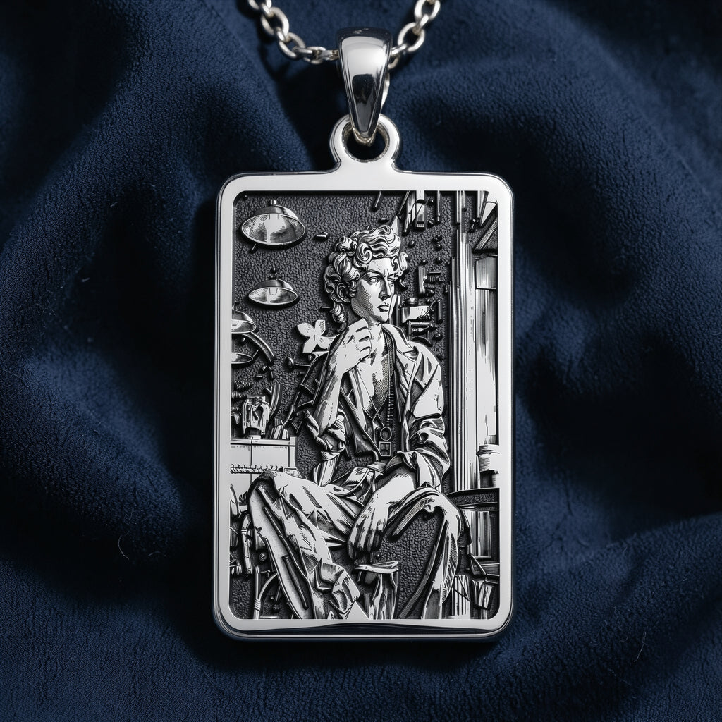 Silver rectangular pendant with fine engraving depicting a classical scene. The pendant is attached to a silver chain and displayed alongside various gemstones on a black surface.