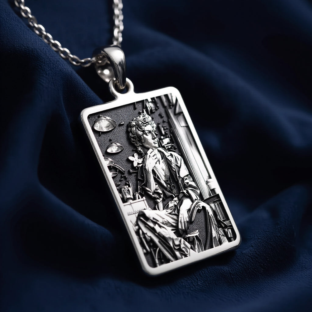 Silver pendant featuring a pop art style David sculpture design with a textured, artistic finish. The image shows a close-up view of the pendant, highlighting its intricate details and modern aesthetic.