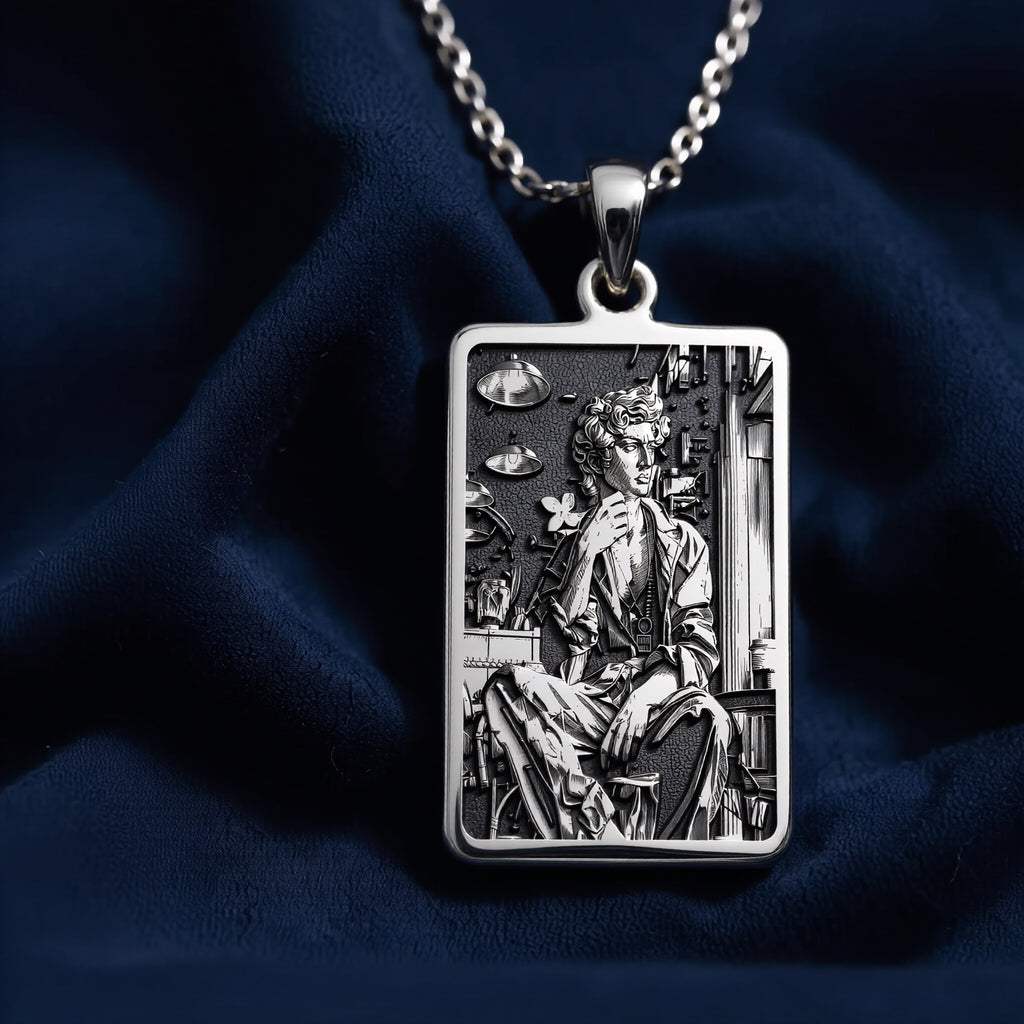 Silver rectangular pendant featuring an engraved classical design. This piece is suspended by a silver-toned chain and presented on a dark backdrop, emphasizing the detailed texture of the metal. - View 5