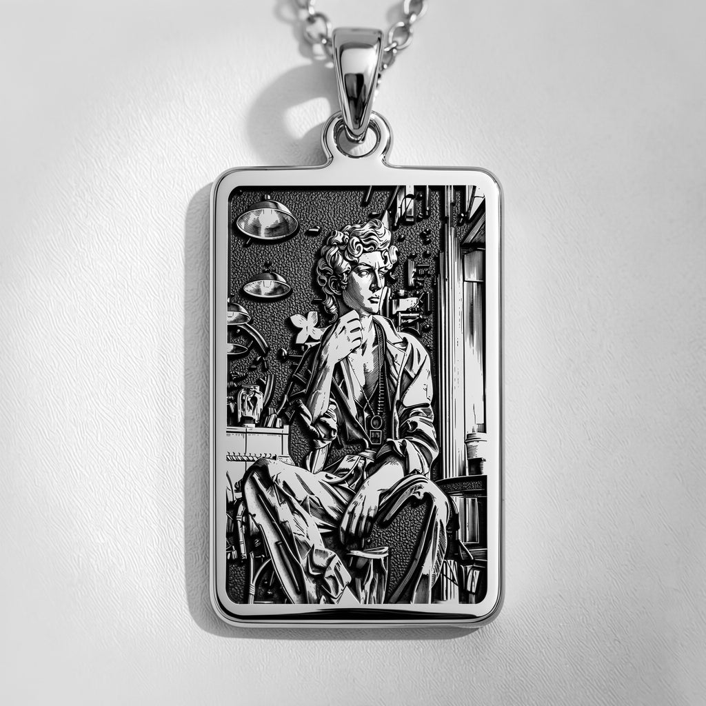 Silver rectangular pendant featuring an engraved classical design. This piece is suspended by a silver-toned chain and presented on a dark backdrop, emphasizing the detailed texture of the metal.