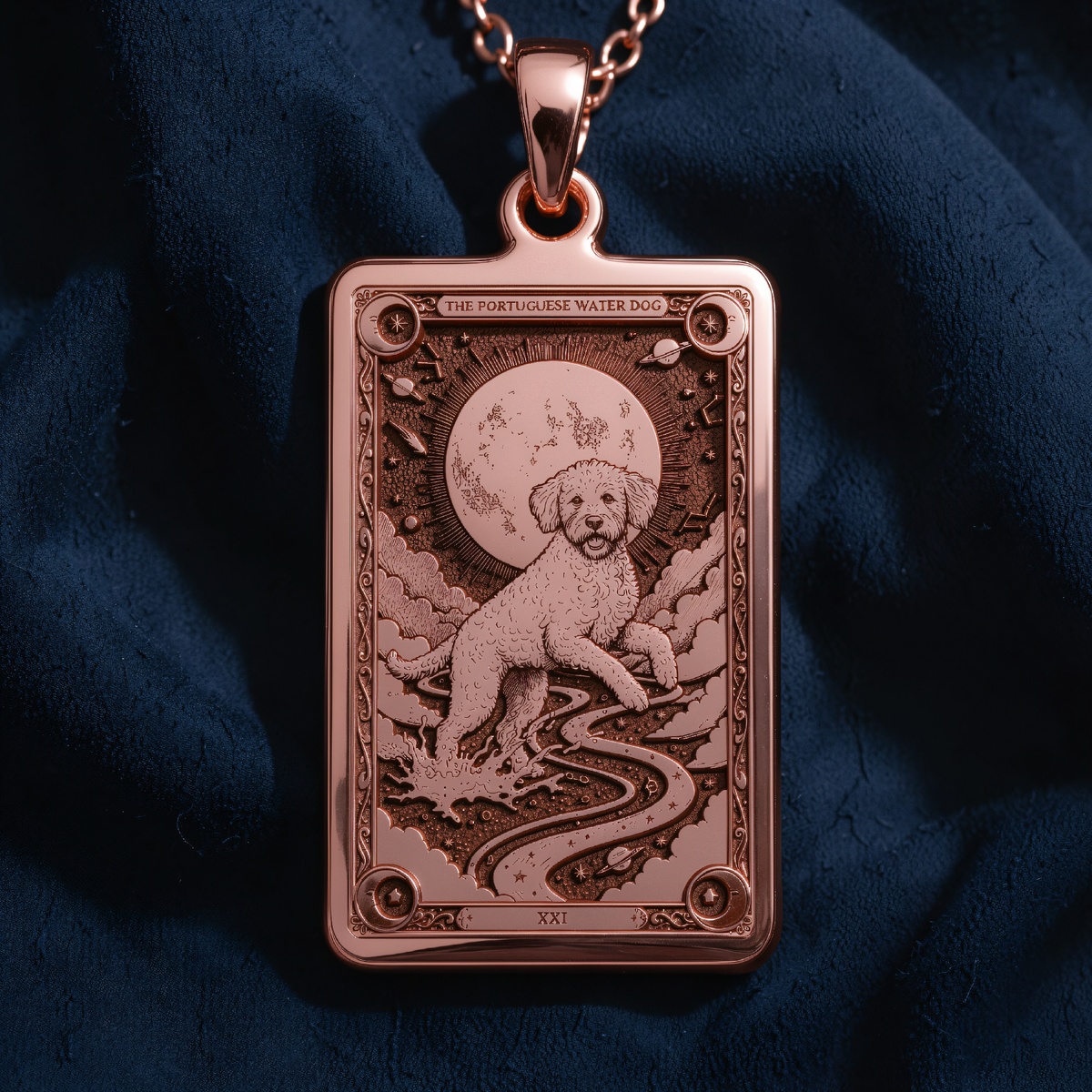 Portuguese Water Dog Necklace in a polished rose gold finish.