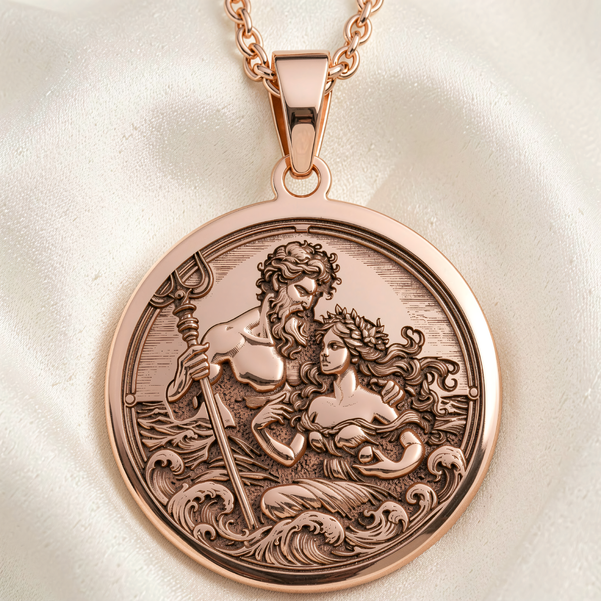 Poseidon & Amphitrite Pendant | Silver & Plated Options - Ancient Mythology History Buff Gift - 14K Rose Gold Plated Front View