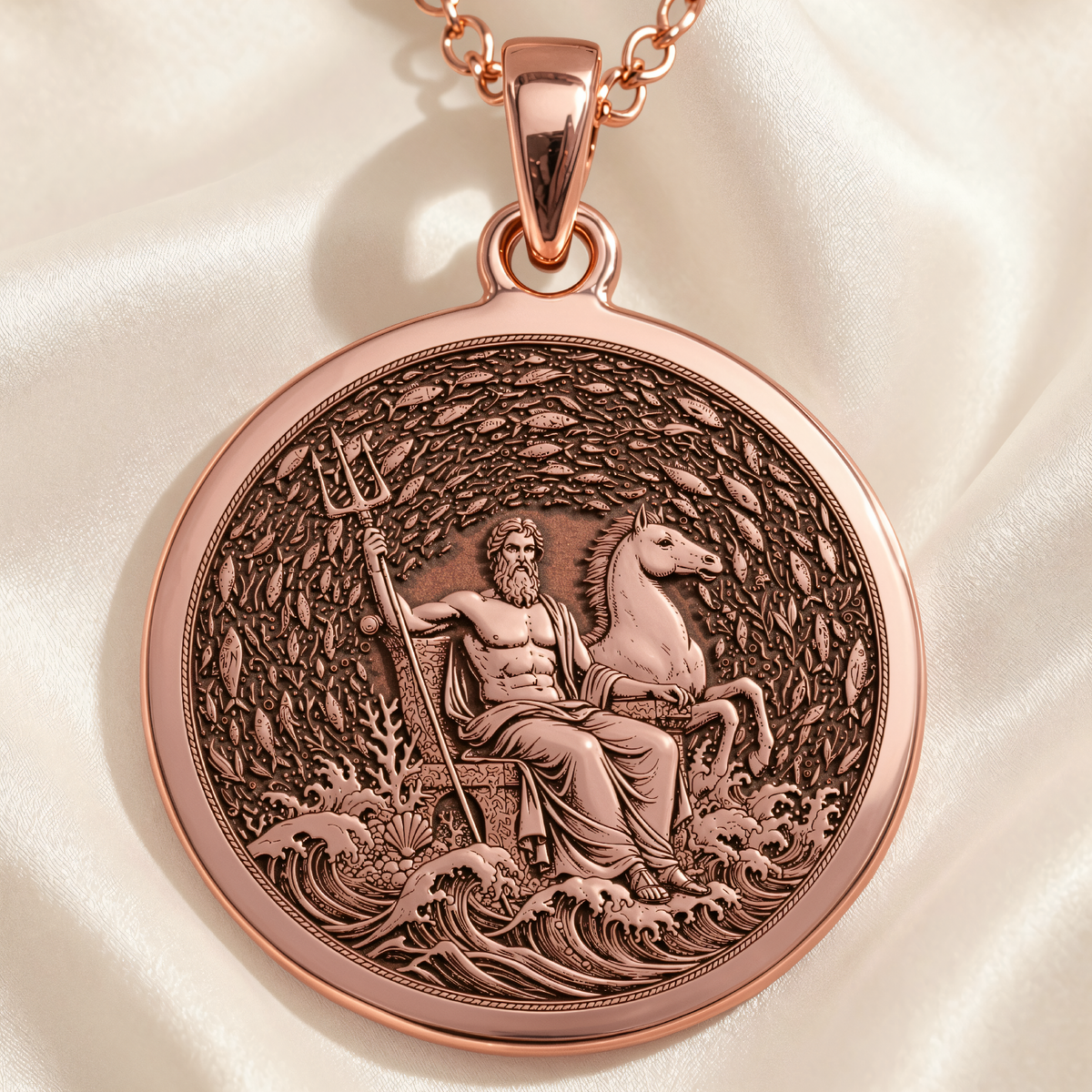 Poseidon God of the Sea Pendant Necklace in a polished rose gold finish.