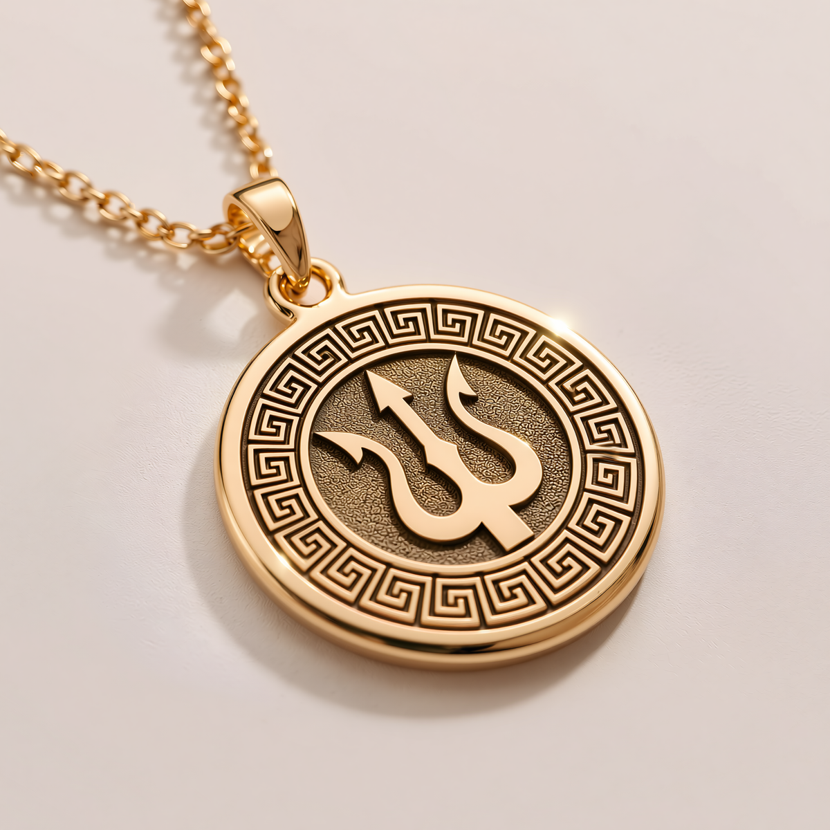 Poseidon Trident Sea God Necklace - 14K Solid Gold, Left Angle View