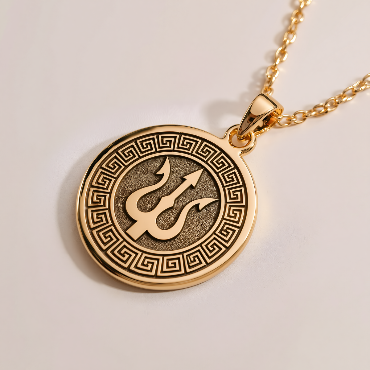 Poseidon Trident Sea God Necklace - 14K Solid Gold, Right Angle View