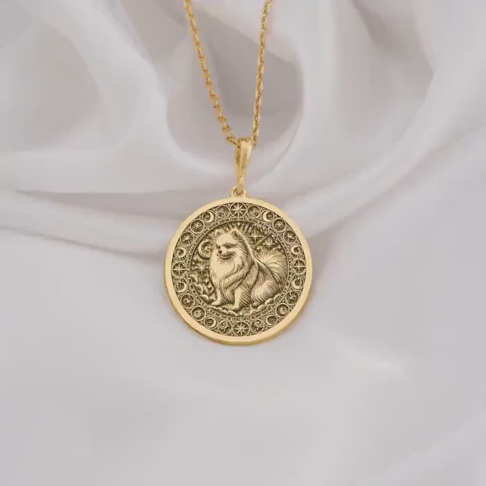 Fluffy Pomeranian Celestial Dog Pendant | 14K Solid Gold - Pet Lover Gift