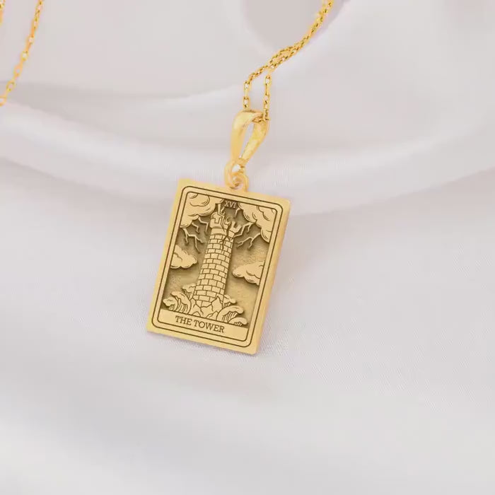 The Tower Tarot Major Arcana Pendant | 14K Solid Gold - Cosmic Energy Spiritual Protection