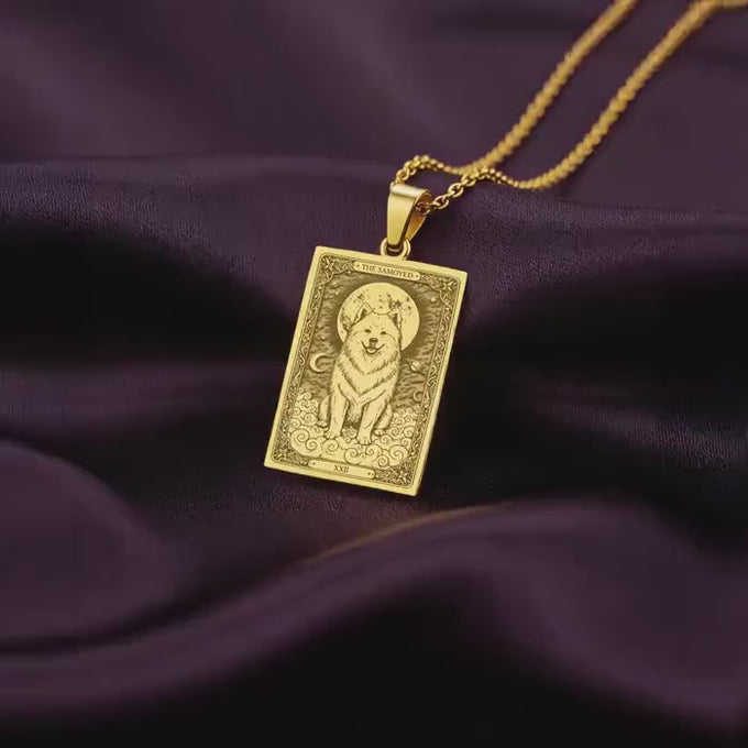 Samoyed Tarot Pet Portrait Medallion | 14K Solid Gold - Pet Memorial Spirit Animal Lover
