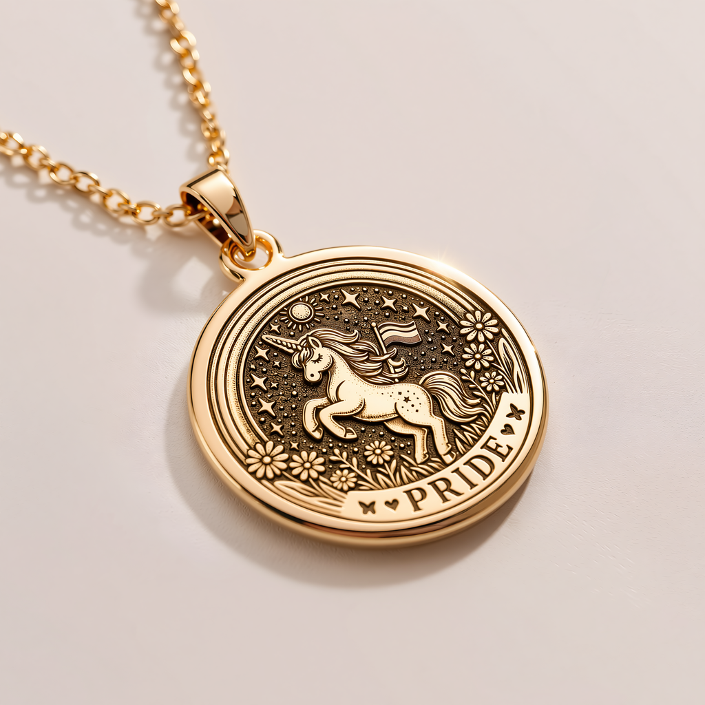 Pride Unicorn Charm Necklace - 14K Solid Gold, Left Angle View