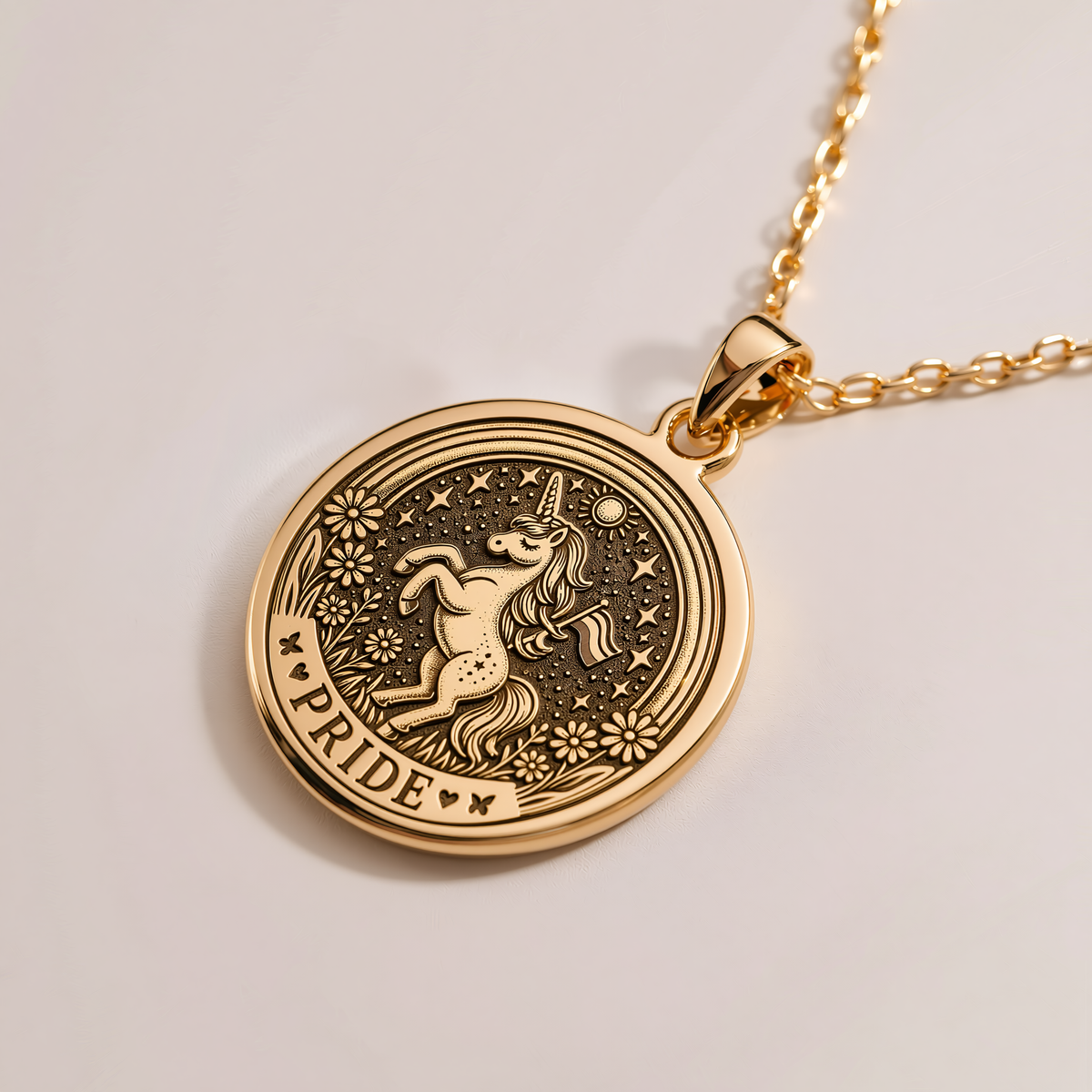 Pride Unicorn Charm Necklace - 14K Solid Gold, Right Angle View
