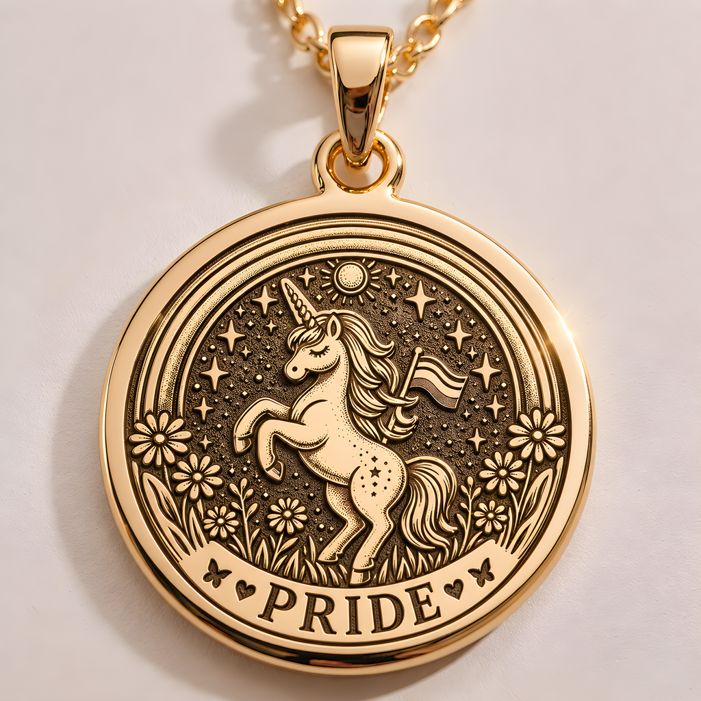 Front view of Pride Unicorn Charm Necklace in 14K solid gold, showing an engraved rearing unicorn with floral and star details.