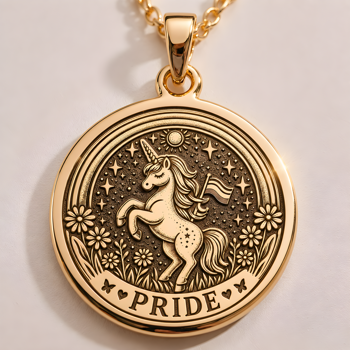 Front view of Pride Unicorn Charm Necklace in 14K solid gold, showing an engraved rearing unicorn with floral and star details.