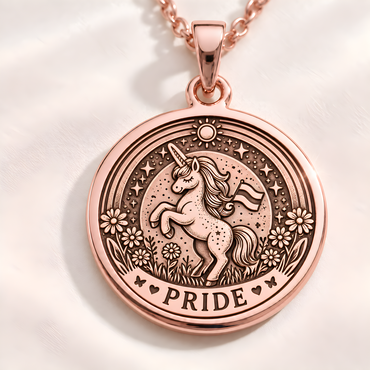 Pride Unicorn Charm Necklace in a 14K rose gold plated finish, shown from the front with detailed engraving on the pendant.