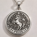 Pride Unicorn Charm Necklace in a 925 sterling silver finish, shown from the front with detailed engraving on the pendant.