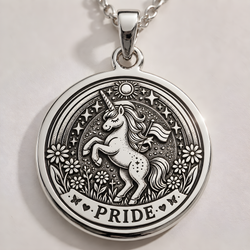 Pride Unicorn Charm Necklace in a 925 sterling silver finish, shown from the front with detailed engraving on the pendant.