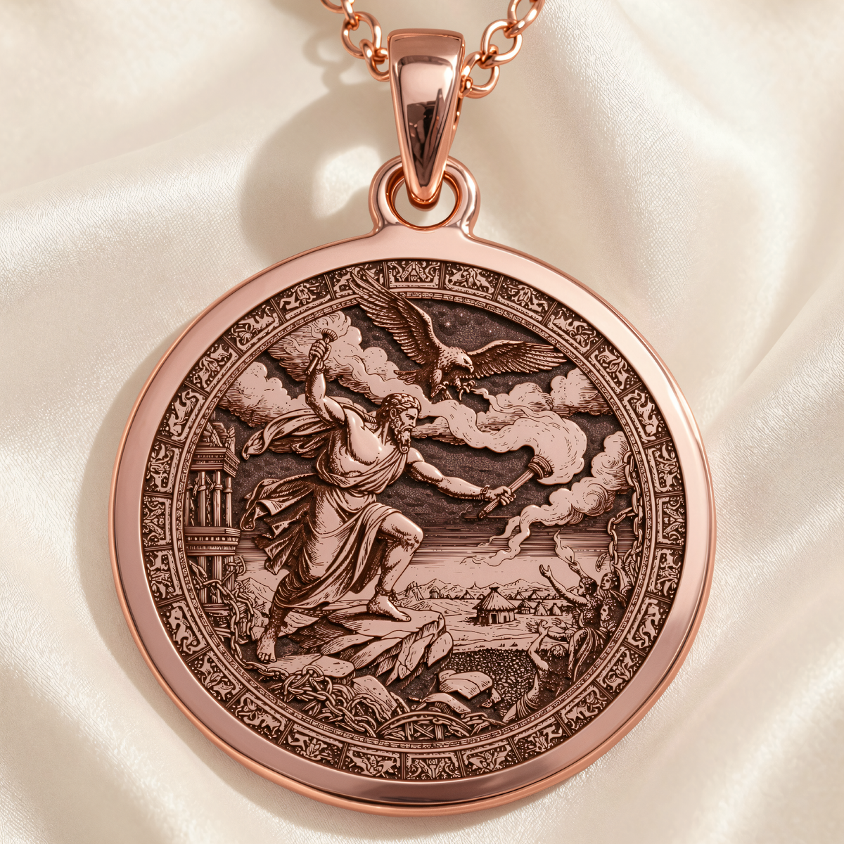 Prometheus Titan of Fire Pendant in a polished rose gold finish.