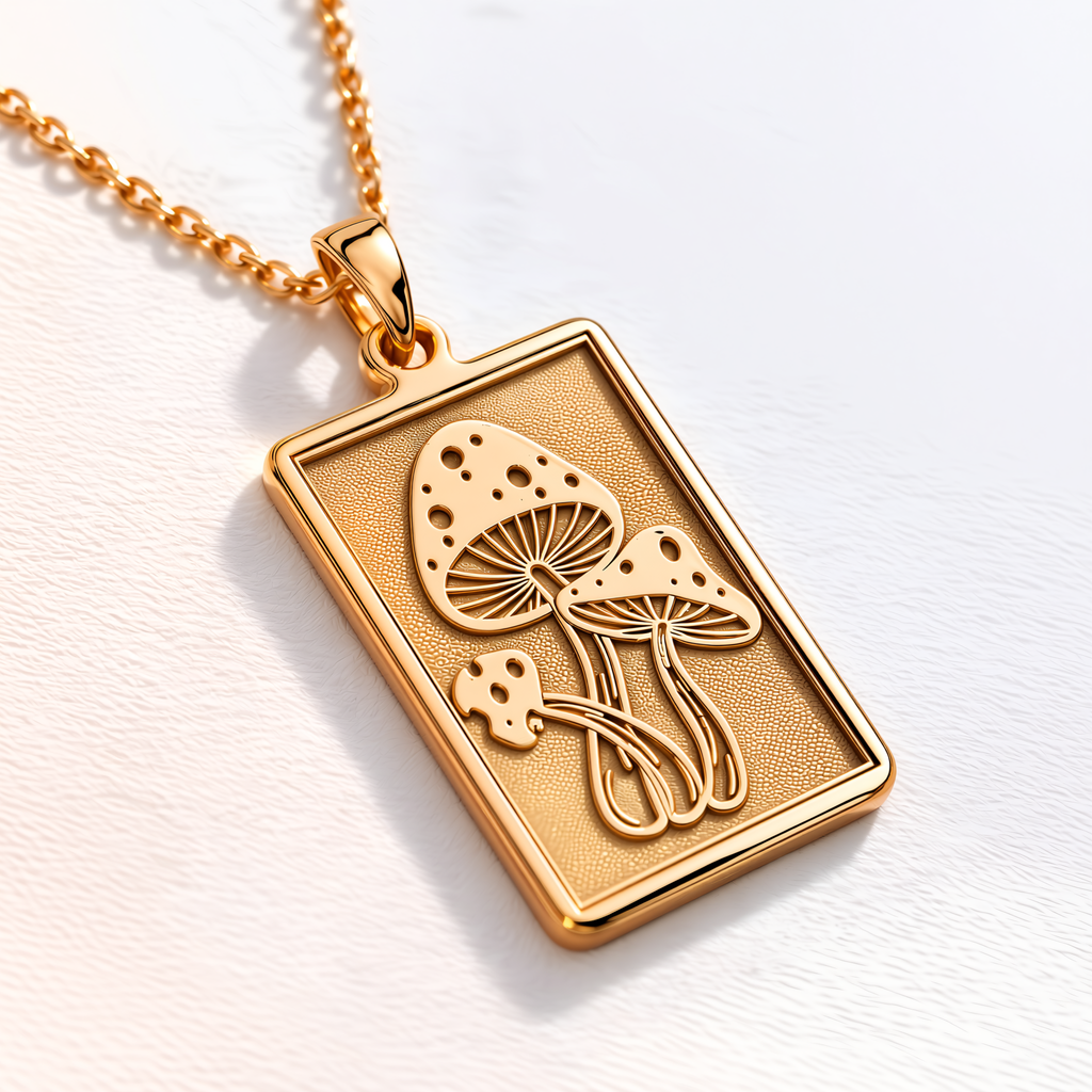 Psychedelic Mushroom Amulet Necklace - 14K Solid Gold, Left Angle View