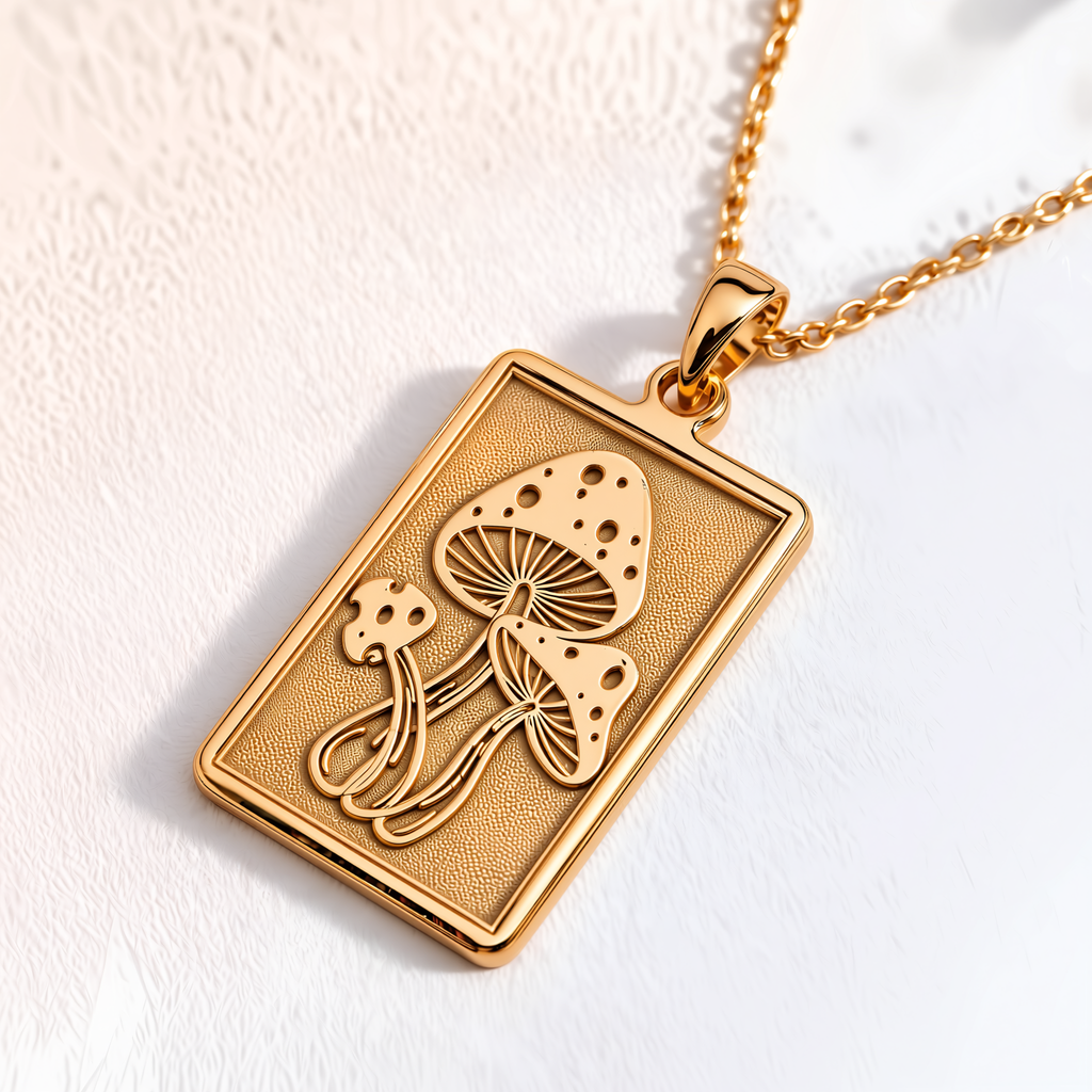 Psychedelic Mushroom Amulet Necklace - 14K Solid Gold, Right Angle View
