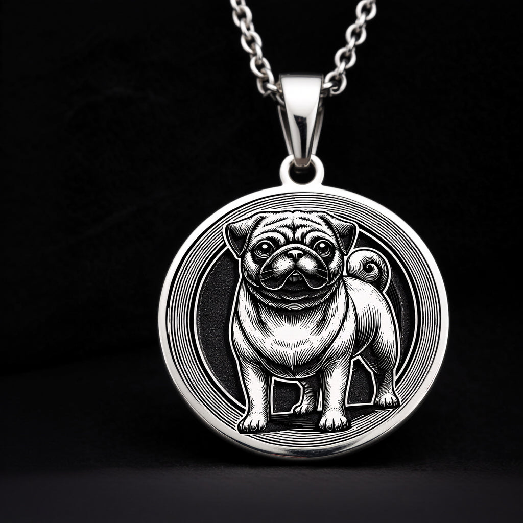 Intricately detailed 925 Sterling Silver Pug pendant, designed with a classic dog silhouette. A perfect silver pet charm, symbolizing devotion and companionship, making it a wonderful gift for Pug owners. - View 2