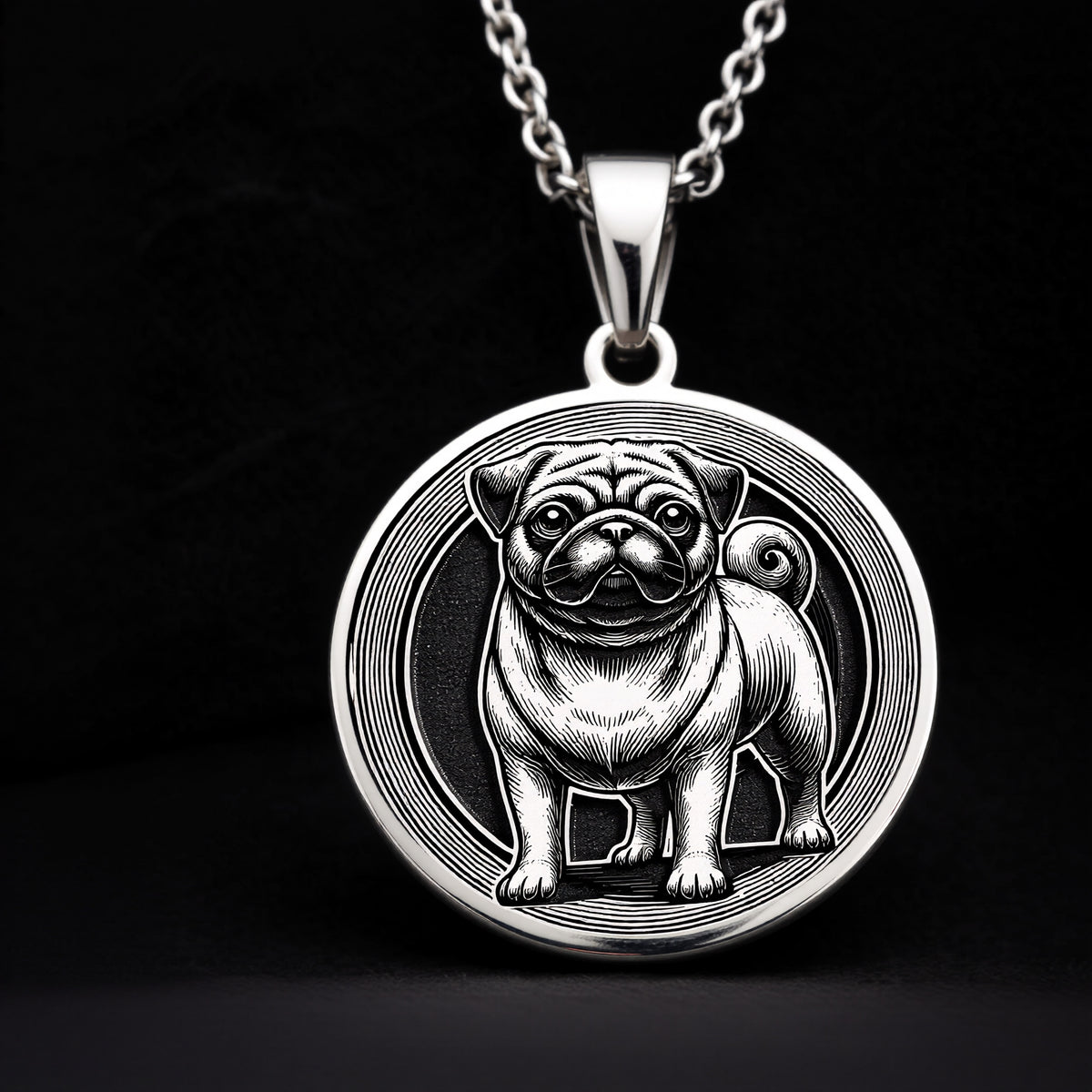 Intricately detailed 925 Sterling Silver Pug pendant, designed with a classic dog silhouette. A perfect silver pet charm, symbolizing devotion and companionship, making it a wonderful gift for Pug owners. - View 2